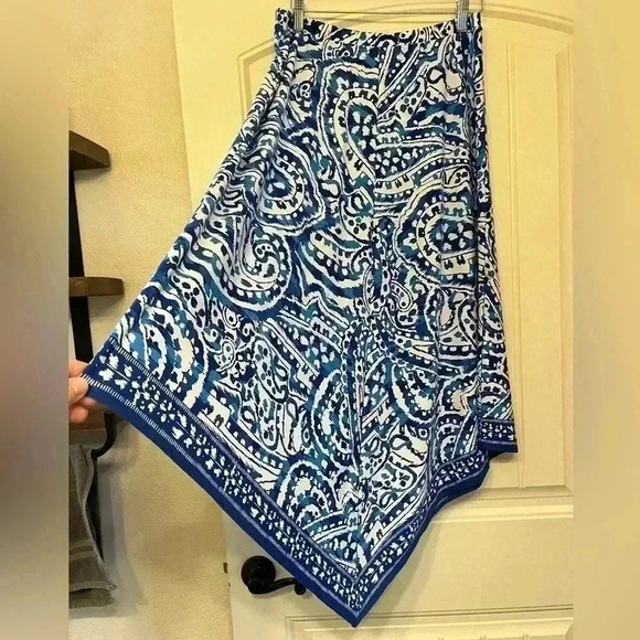 Chico's Blue Paisley Handkerchief Skirt Asymetrical Maxie Stretch Pull On Medium - Picture 2 of 6